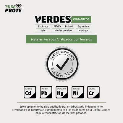 Imagen que certifica la pureza de los verdes orgánicos frente a metales pesados mediante verificación de laboratorios independientes