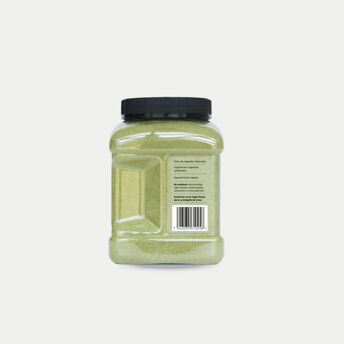 imagen lateral izquierda de un tarro de los verdes organicos pura prote con codigo de barras
