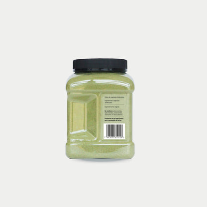 imagen lateral izquierda de un tarro de los verdes organicos pura prote con codigo de barras