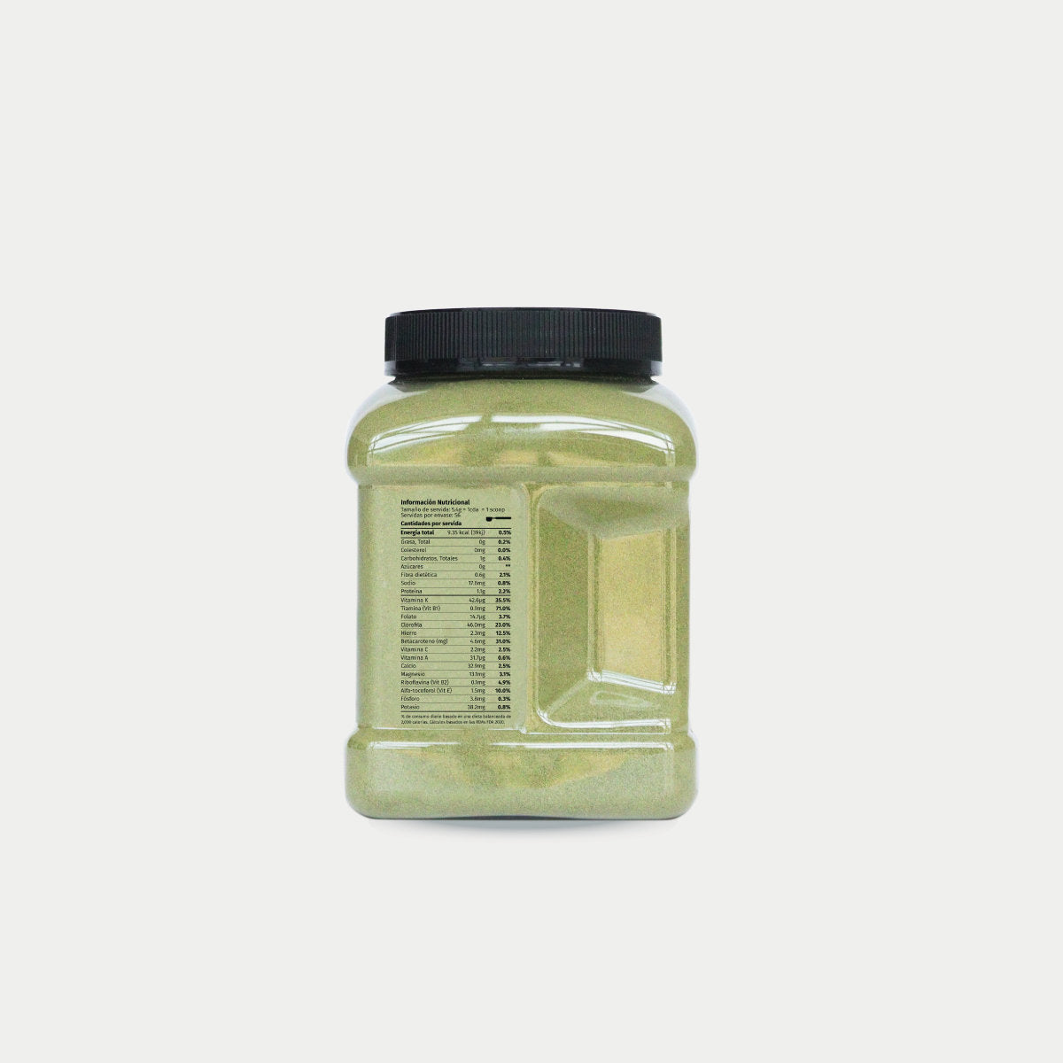 imagen lateral derecho de un tarro de los verdes organicos pura prote donde sale la tabla nutricional