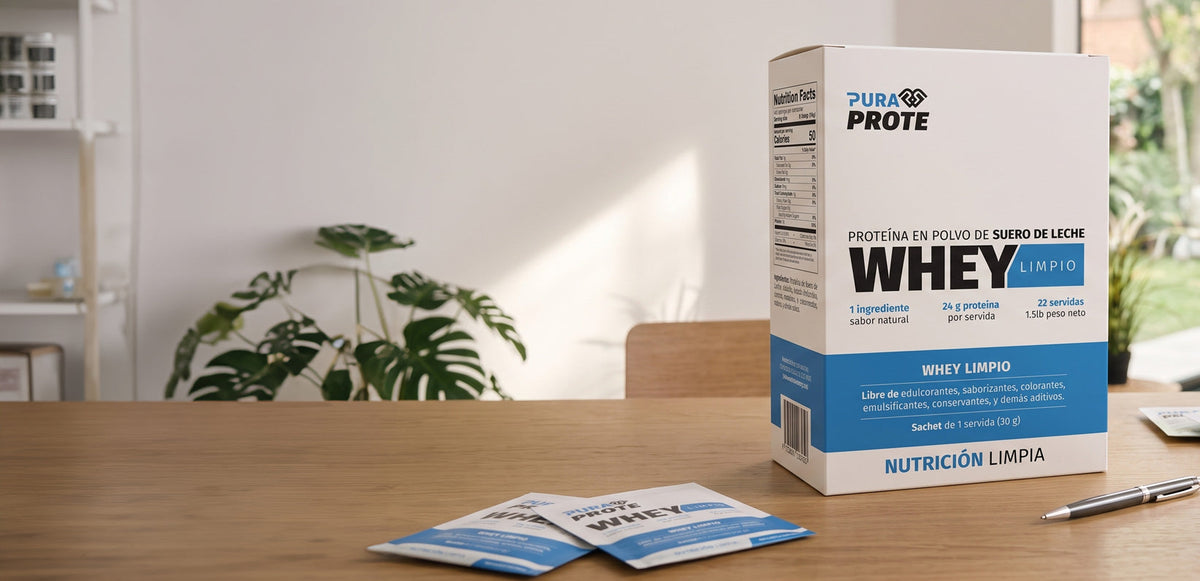 imagen de una caja de sachets de proteina sobre un escritorio de nutricionista