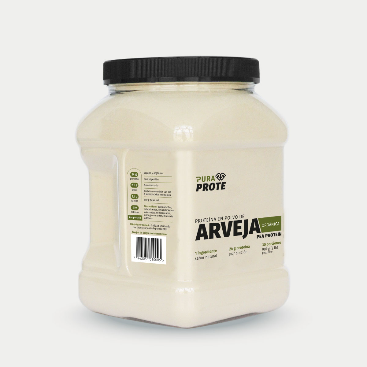 Proteína de Arveja Orgánica 907 g, vista frontal lateral