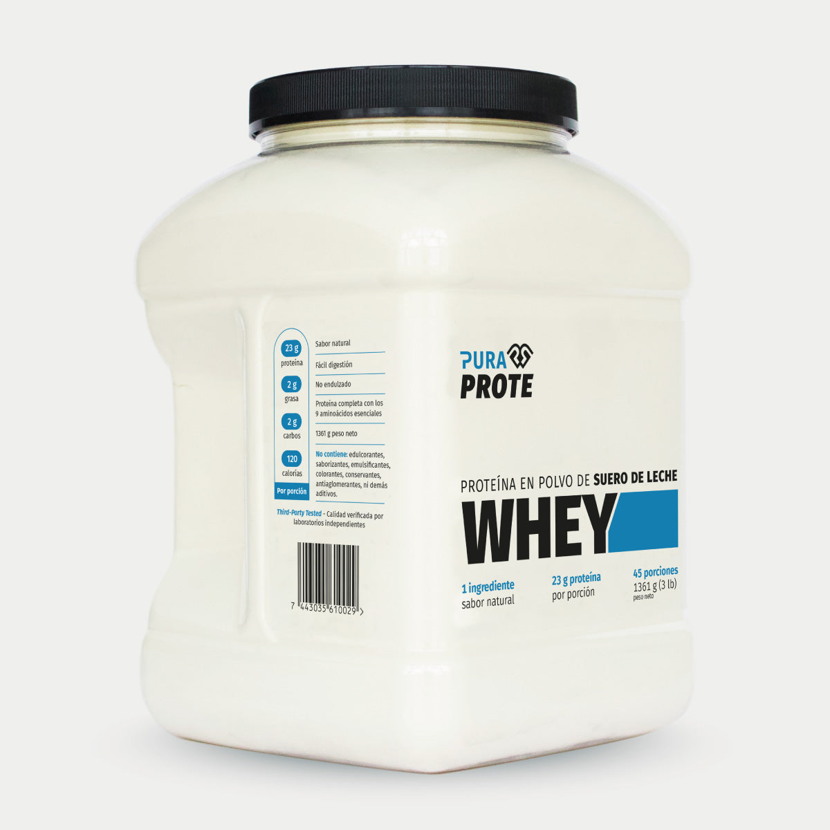Proteína Whey Limpio 1361 g, vista frontal lateral