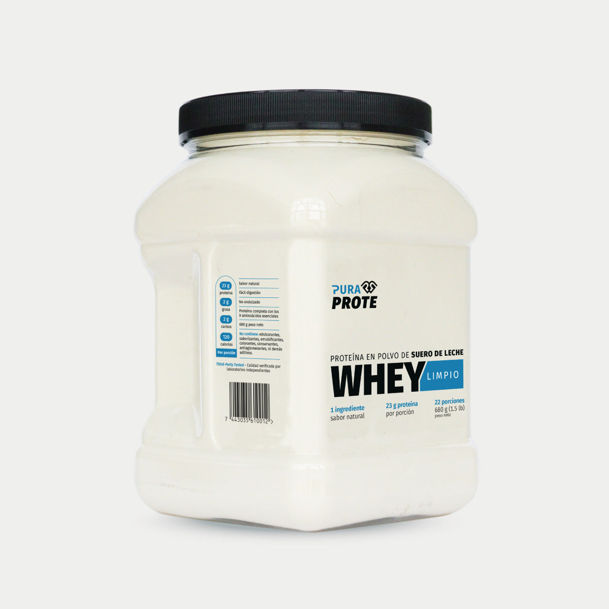 Proteína Whey Limpio 680 g, vista frontal lateral