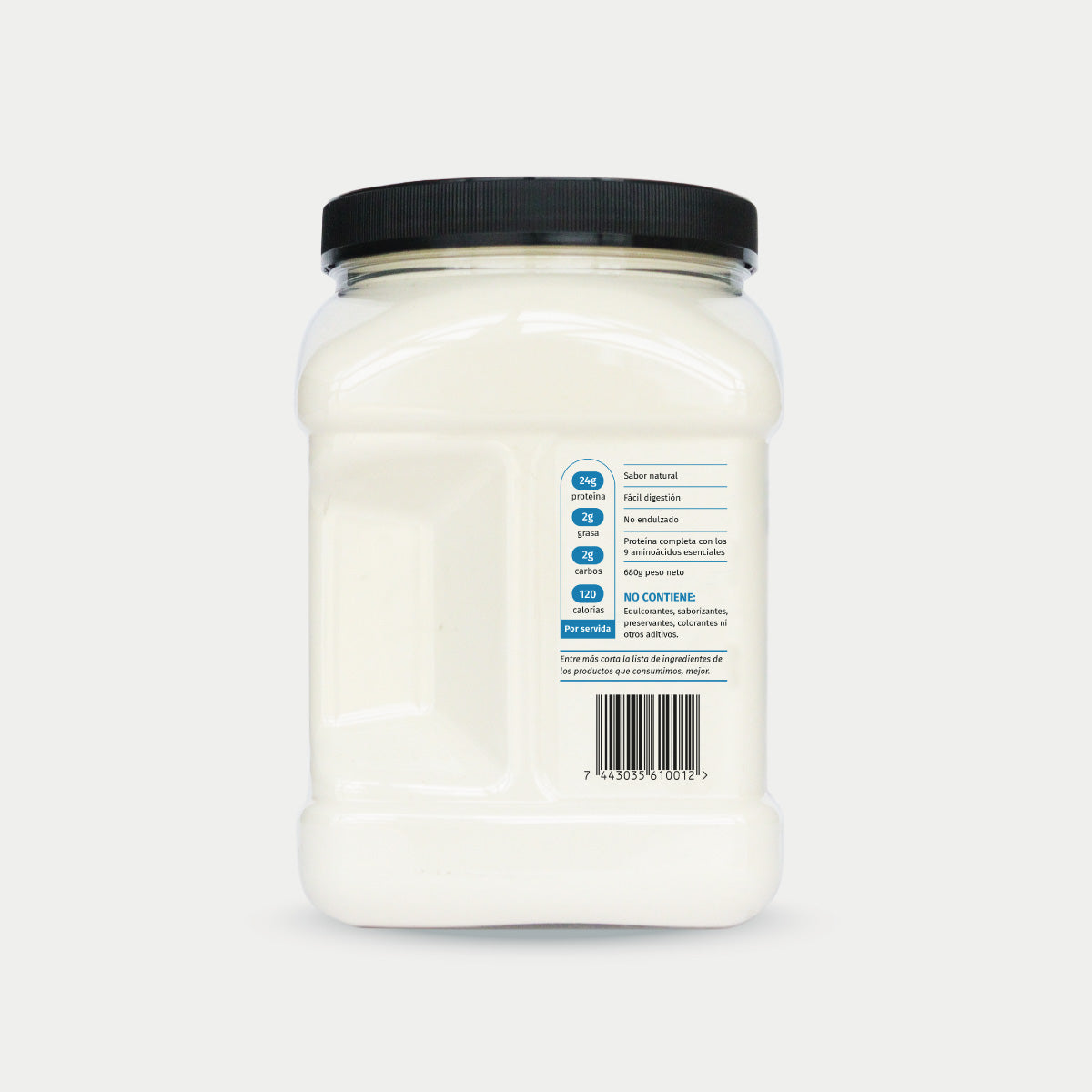 Proteína Whey Limpio 680 g, vista lateral izquierda