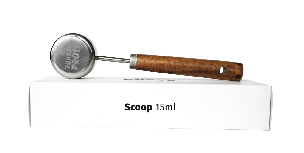 imagen de scoop pura prote 15 ml sobre la cajita de su empaque