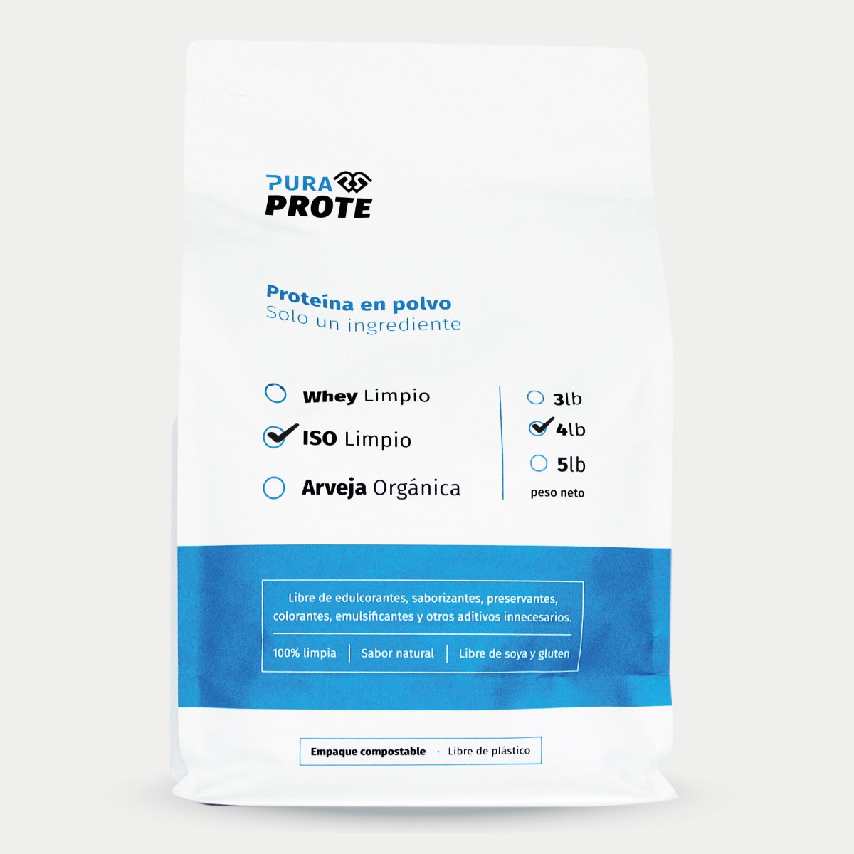 2026_Iso4lb_Compostable_Web-Frontal » Pura Prote Whey ISO Limpio Pura Prote 4 libras, vista frontal