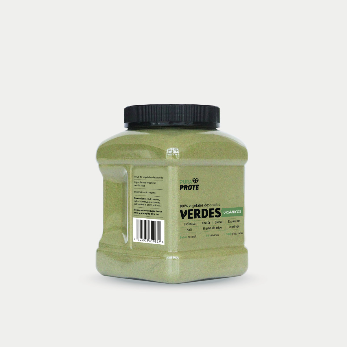 2026_Verdes300_Web_Fronlateral » Pura Prote Verdes Orgánicos Pura Prote 300 gramos, vista frontal lateral