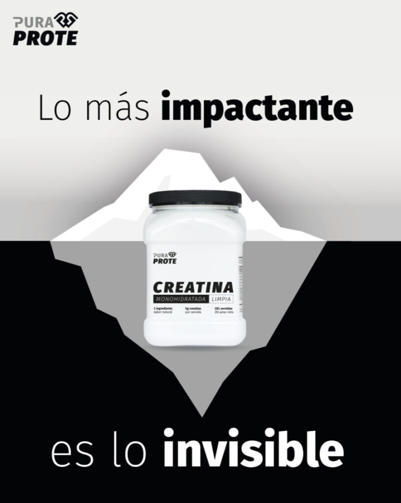 202508-blog-creatina2 » Pura Prote Tarro de Creatina Pura Prote frente a ilustración de un iceberg, con texto que dice "Lo más impactante es lo invisible"
