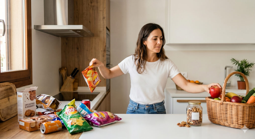 202606-blog-inflamacion-1 » Pura Prote Woman in a white t-shirt and jeans opens a bag of chips on a bright kitchen island, with snack bags, a fruit basket, and a jar of nuts nearby.
