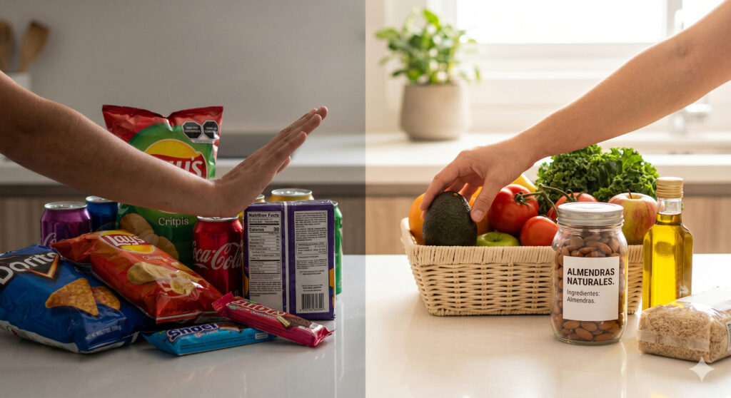 202606-blog-inflamacion-2 » Pura Prote Two hands at a kitchen island: one stops a pile of chips and sodas on the left, while the other reaches for a fresh avocado among fruit on the right.