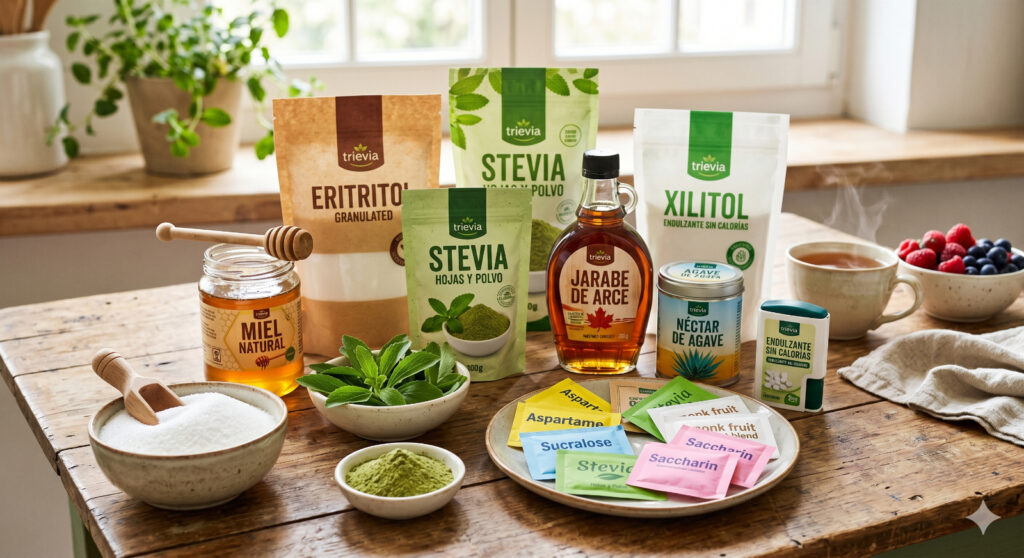 Assortment of natural sweeteners on a wooden table: honey, stevia powders, xylitol, agave syrup, and colorful sachets.