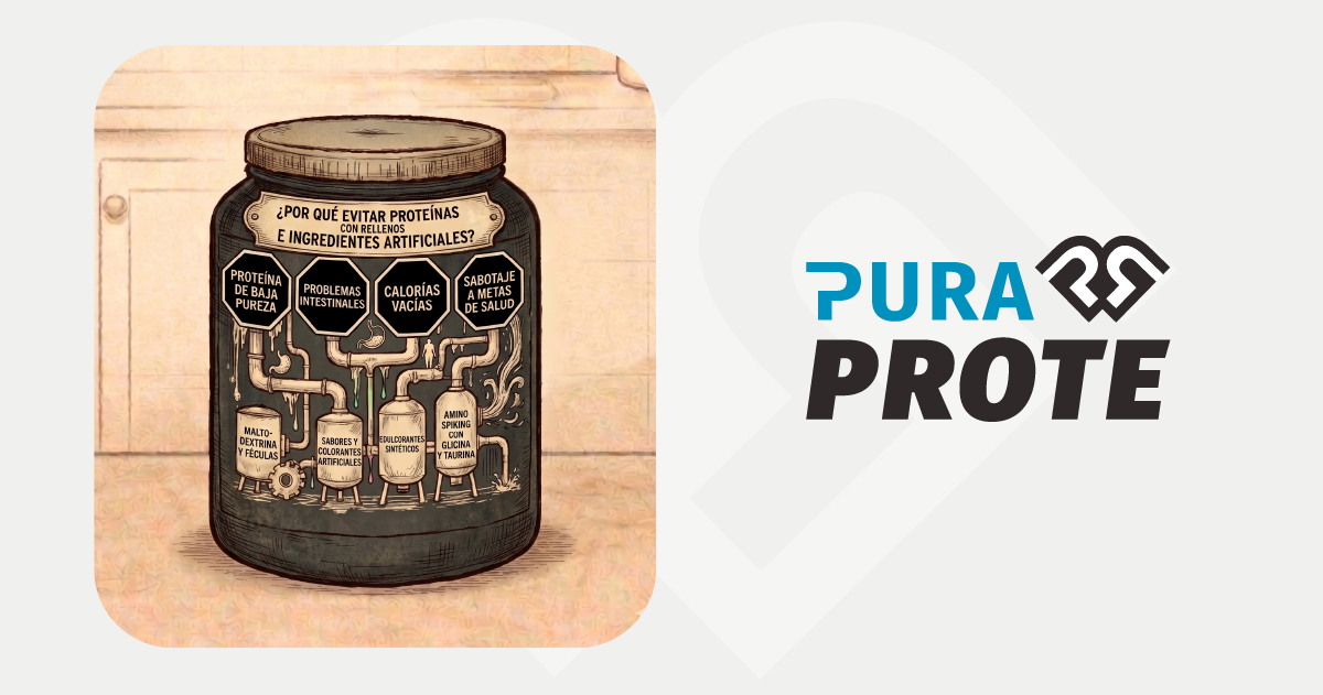 Illustrated jar with labeled compartments warning about low-purity protein and artificial ingredients, highlighting health risks and empty calories.