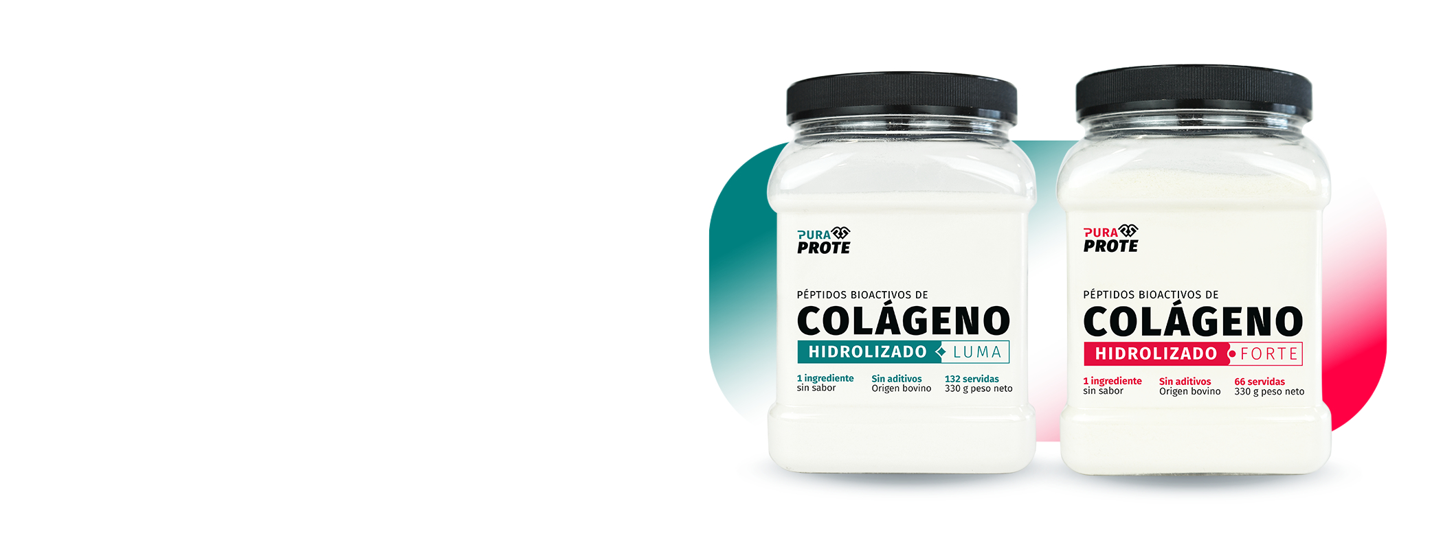 Two bottles of Pura Prote hydrolyzed collagen, labeled Colágeno Hidrolizado, shown with teal and pink background shapes.