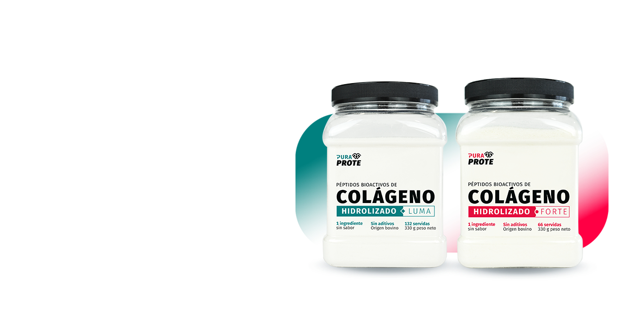 Two white jars labeled Colágeno Hidrolizado Luma and Forte, with teal and pink gradient accents in the background, across a white backdrop.