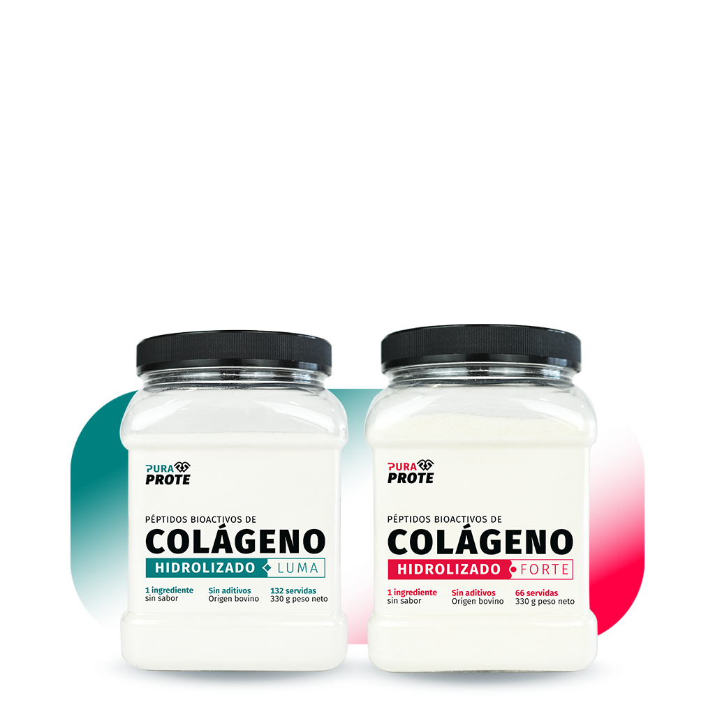 Two jars of hydrolyzed collagen powder side by side, one labeled Luma (teal) and the other Forte (red), on a white background with abstract teal-to-pink shapes behind them.