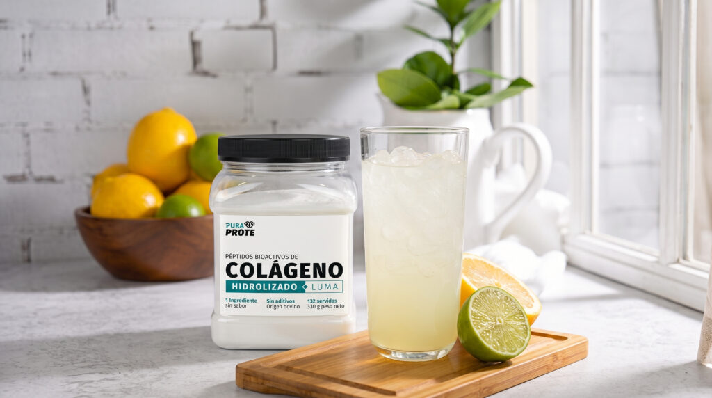 Jar of hydrolyzed collagen powder with a black lid beside a glass of pale lemonade on a kitchen counter, with lemons and limes in the background.