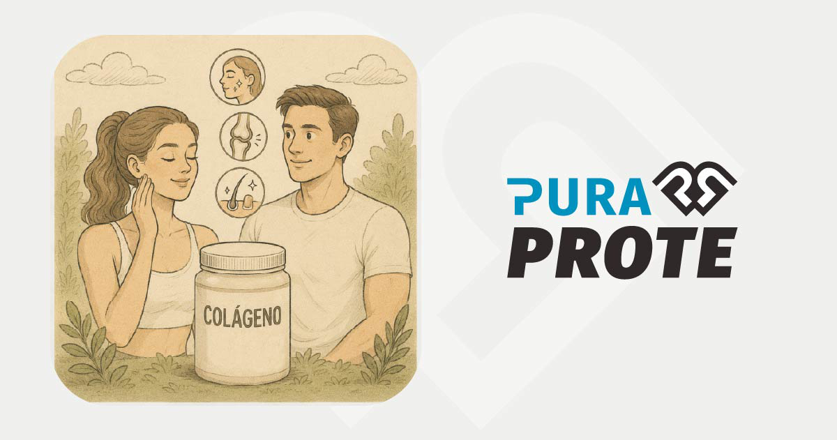 Cartoon couple with a jar labeled Colágeno in front, surrounded by wellness icons and plants.